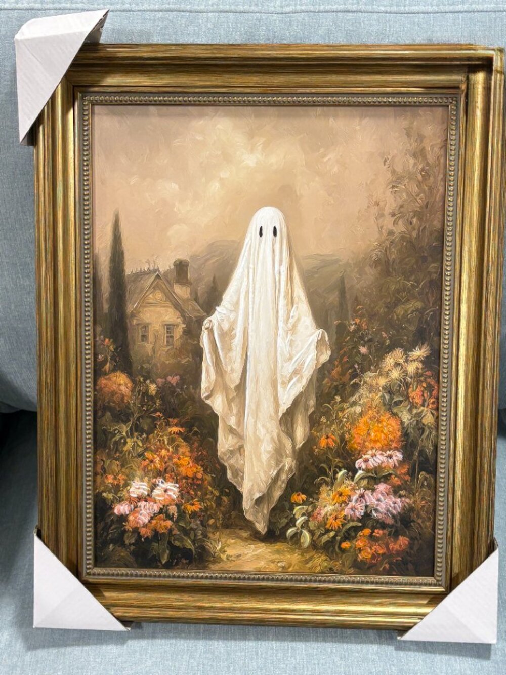 Halloween Gold Bedded Framed Canvas Ghost In The Garden Wall Art 18" New RARE